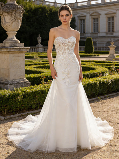 Strapless Lace Mermaid Wedding Dress with Sheer Bodice and Train