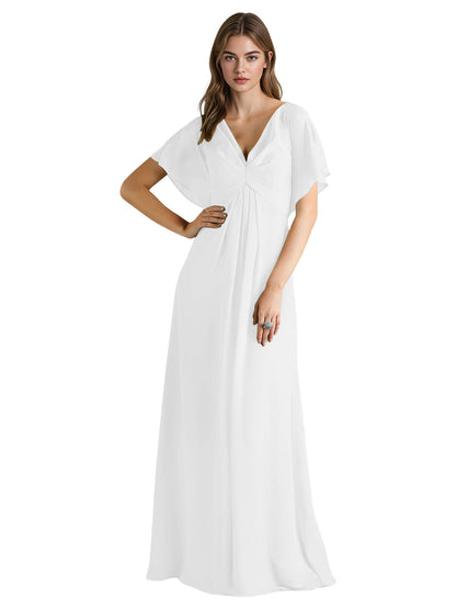 Short Sleeve V-Neck Chiffon Bridesmaid Dress with Gathered Waist