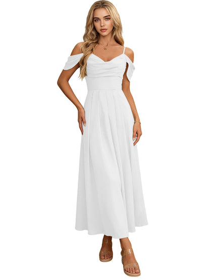 Off Shoulder Midi Bridesmaid Dress with Pleated Bodice and Flowing dress