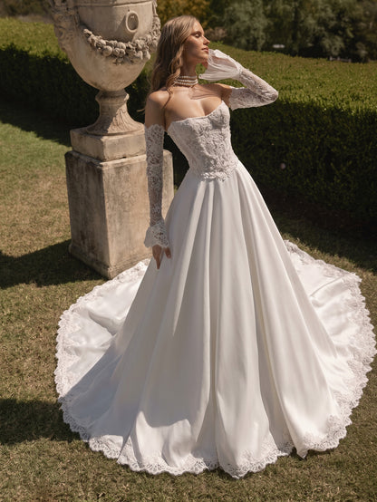 Off Shoulder Lace Ball Gown Wedding Dress with Corset Back and Train