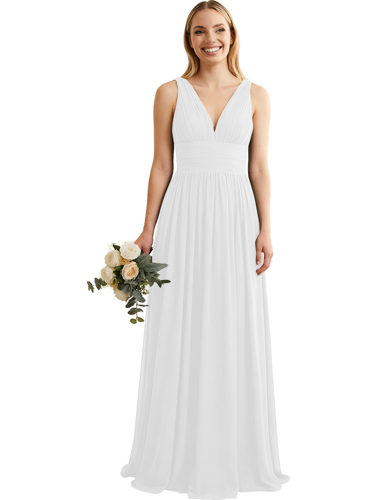 Deep V-Neck Chiffon Bridesmaid Dress with Pleated Waist