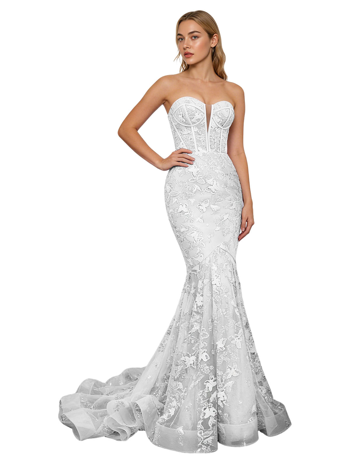 Strapless Lavender Lace Mermaid Prom Dress with Sheer Corset and Train