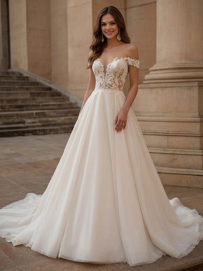 Off Shoulder Lace A-Line Wedding Dress with Illusion Bodice and Train
