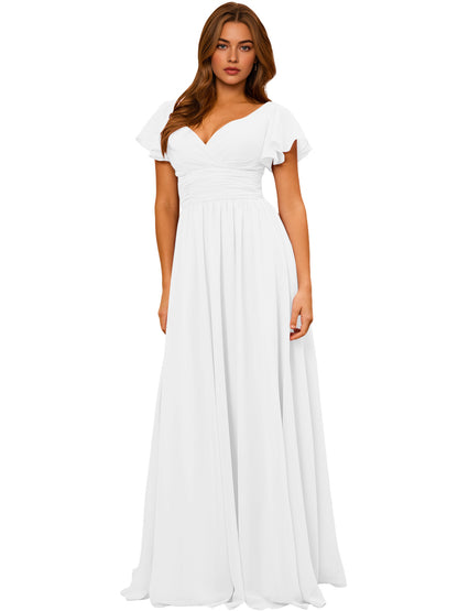 V-Neck Flutter Sleeve Chiffon Bridesmaid Dress with Empire Waist