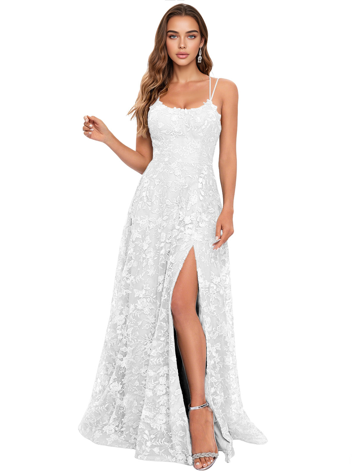 Scoop Neck Lace A-Line Prom Dress with Spaghetti Straps and Side Slit