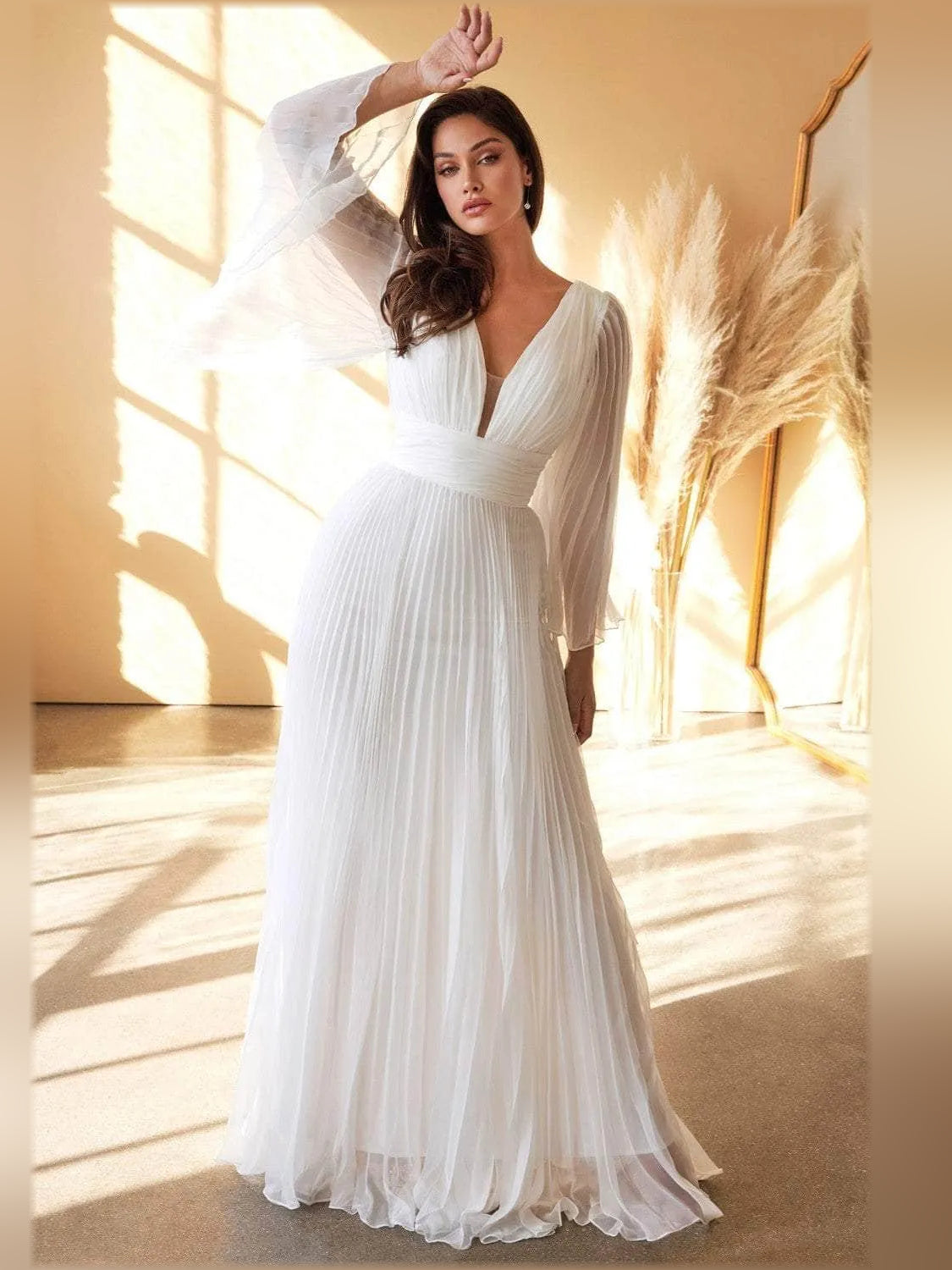 V-Neck Flutter-Sleeve Pleated Chiffon A-Line Formal Dress