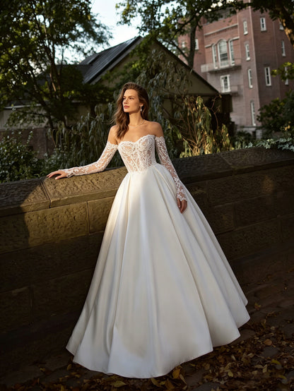 Off Shoulder Lace Ball Gown Wedding Dress with Long Sleeve Bodice