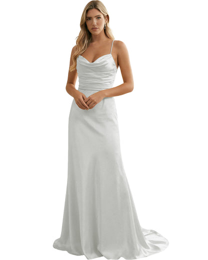 Spaghetti Straps Ruched Satin Floor Length Bridesmaid Dress