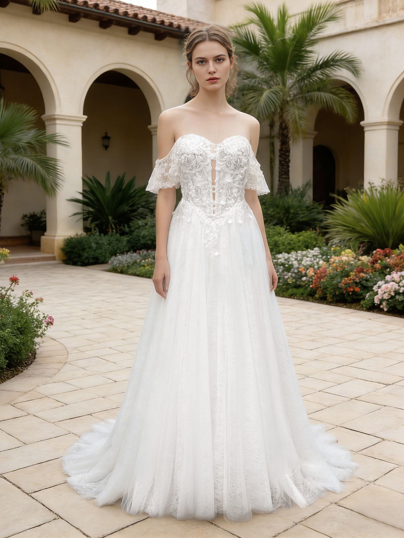 Off Shoulder Lace Tulle A-Line Wedding Dress with Flutter Sleeve