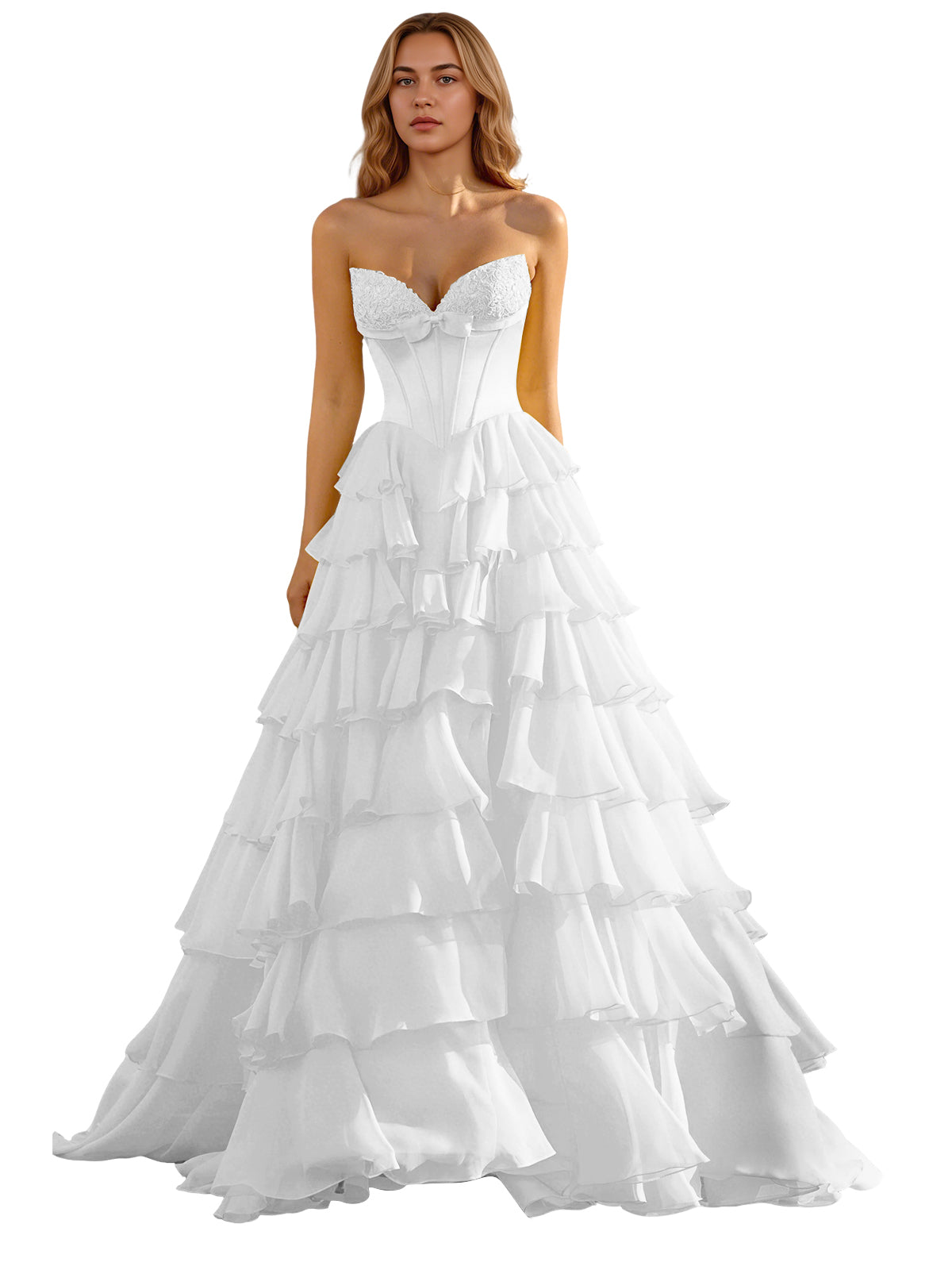 Strapless Tiered Organza Ball Gown Prom Dress with Corset Top