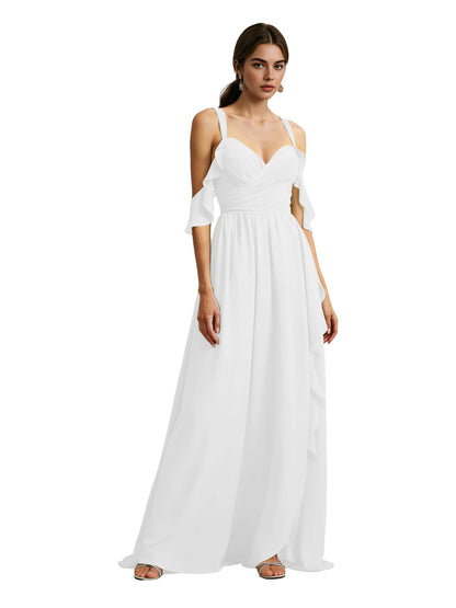 Cold Shoulder Chiffon Bridesmaid Dress with Draped V-Neck Bodice