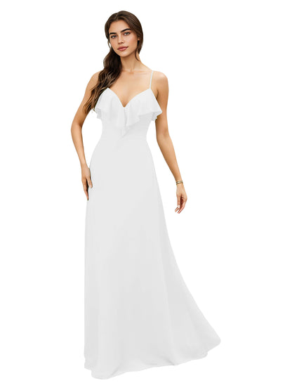 Ruffle V-Neck Chiffon Bridesmaid Dress with Spaghetti Straps