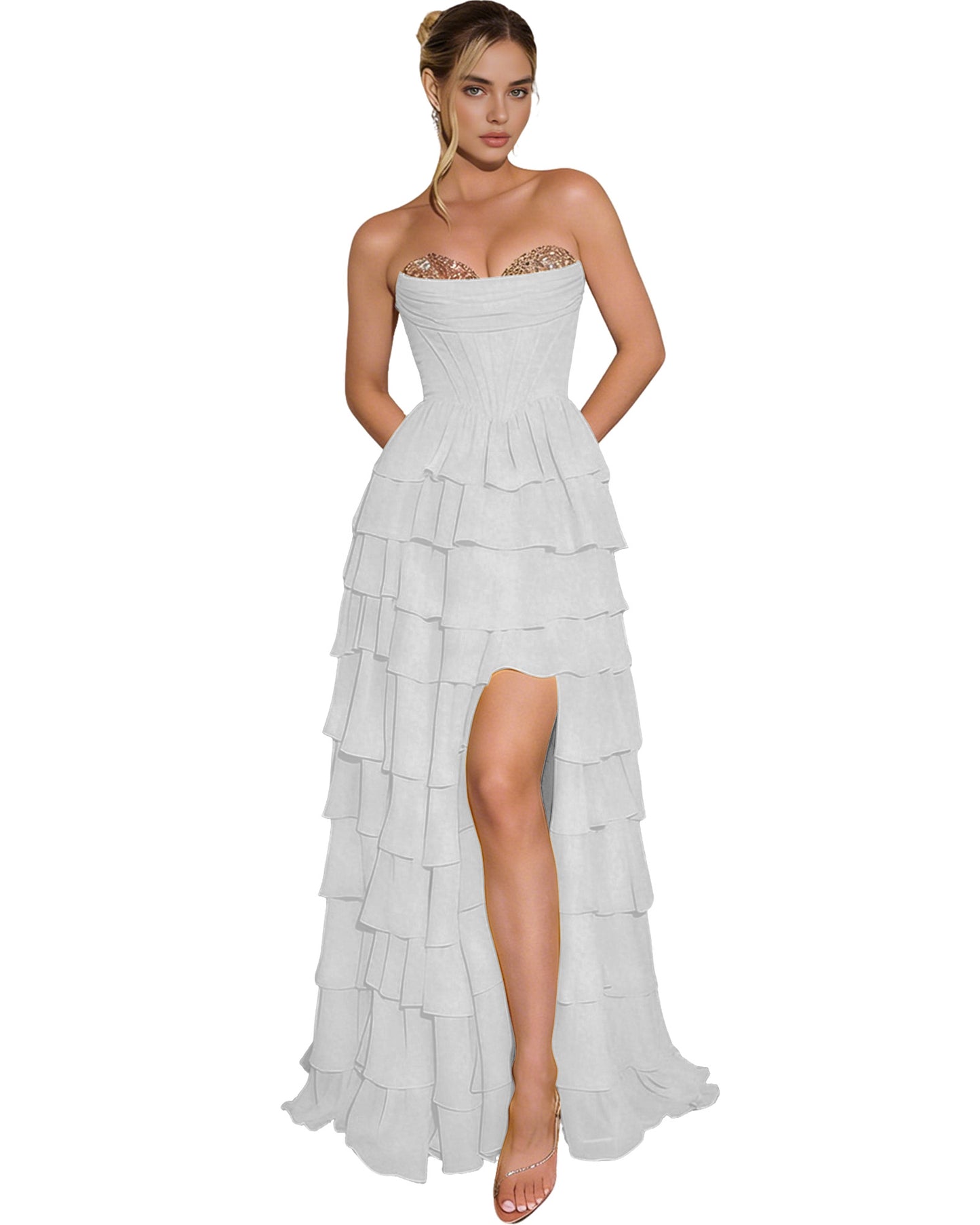 Strapless Layered Tulle Prom Dress with Corset Bodice and High Low Hem