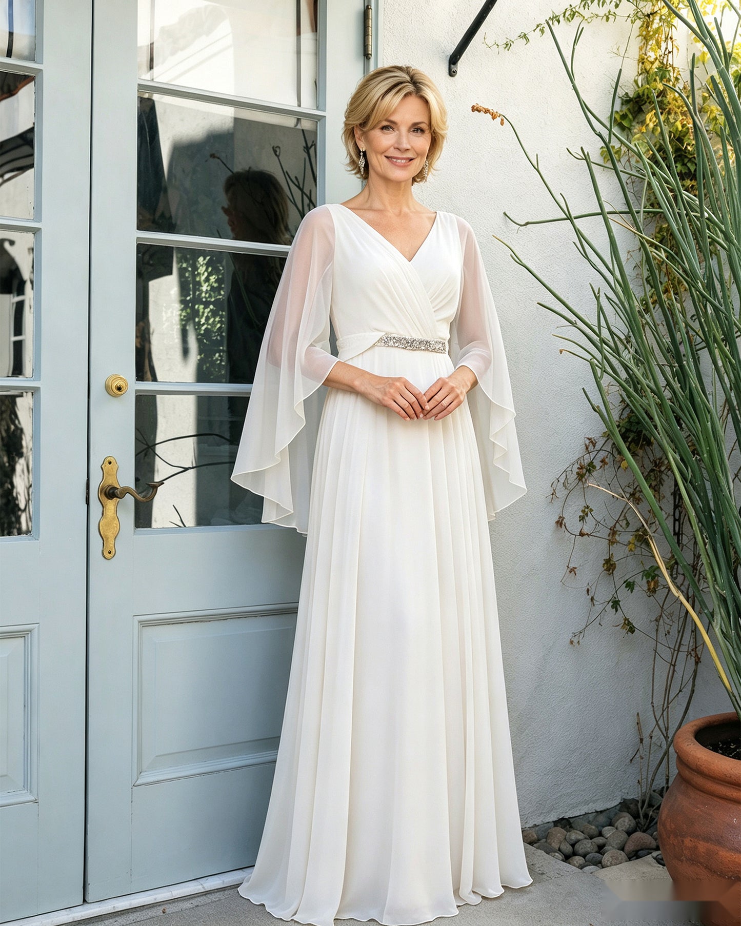 V-Neck Cape Sleeve Chiffon Mother of the Bride Dress with Beaded Belt