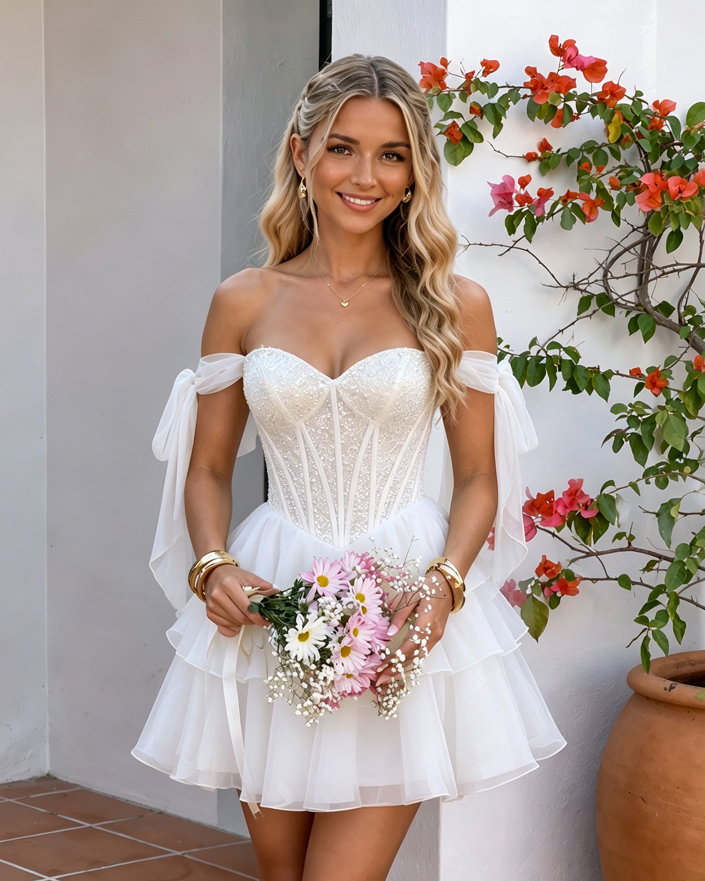 Off-Shoulder Lace Corset Tiered Tulle Homecoming Dress