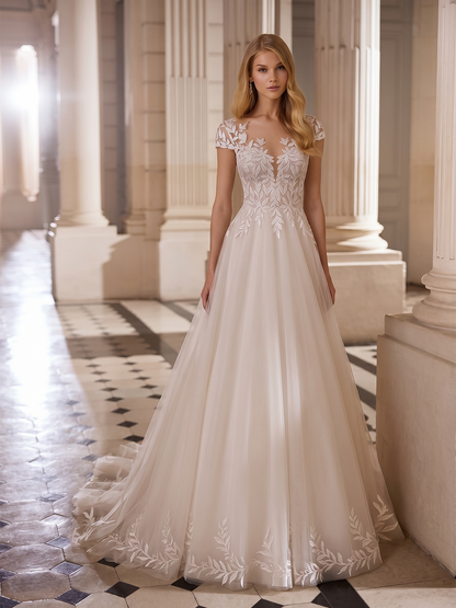 Spaghetti Strap Lace Tulle A-Line Wedding Dress with Beaded Bodice