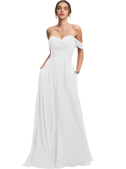Off Shoulder Chiffon Bridesmaid Dress with Draped Bodice and A-Line Dress