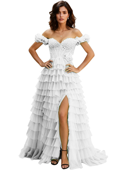 Off Shoulder Tulle Ball Gown Prom Dress with Ruffle Sleeves and Slit