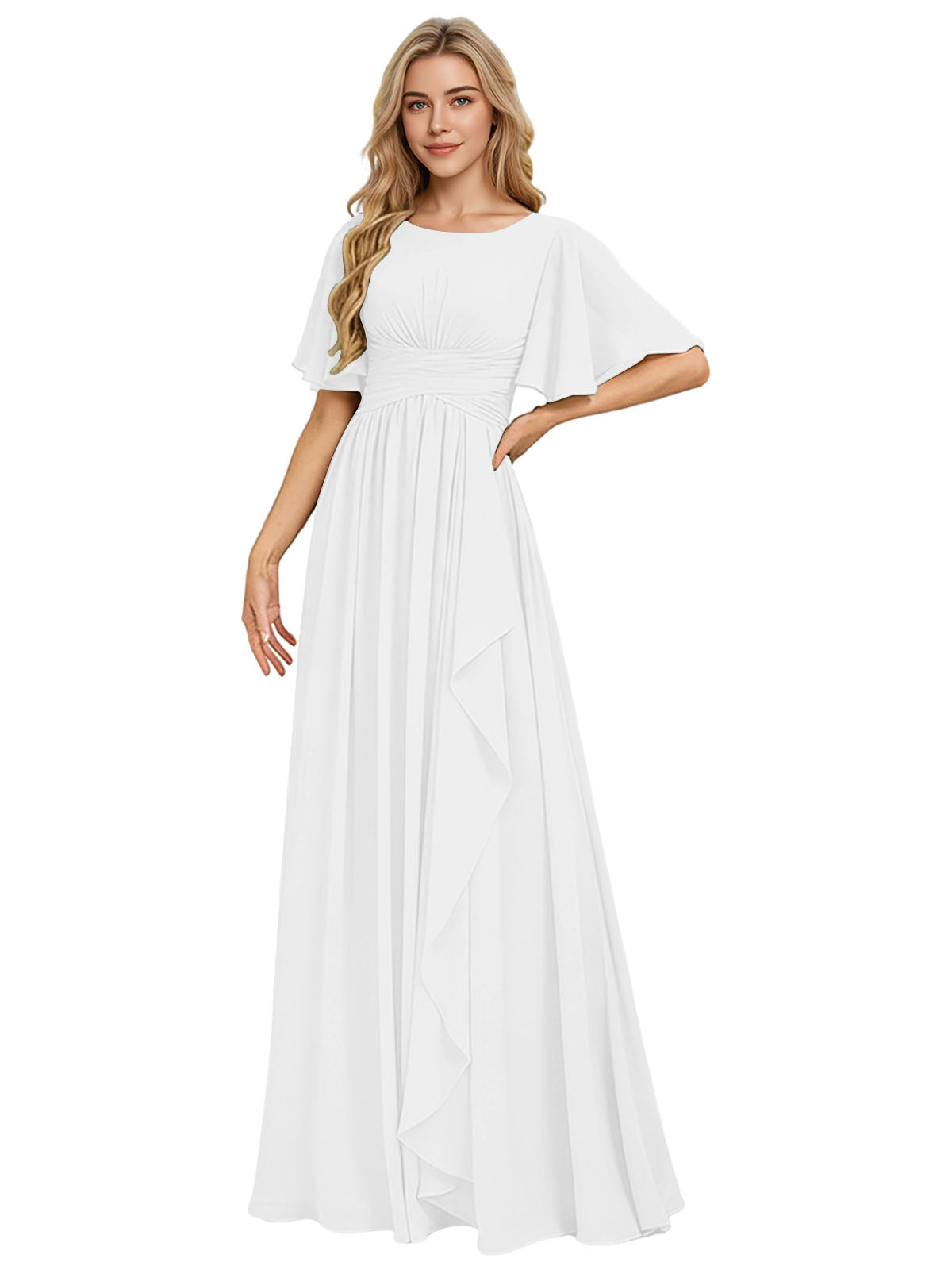 Flutter Sleeve Chiffon Bridesmaid Dress with Tiered Front Ruffle