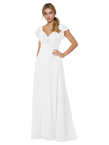 Tie Neck Chiffon Bridesmaid Dress with Flutter Sleeves