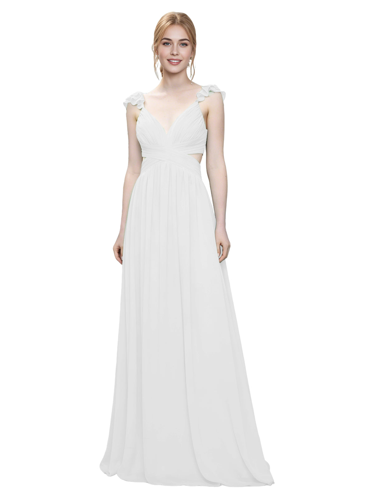 Ruffle Strap V-Neck Tulle Bridesmaid Dress with Pleated Waist