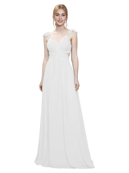 Ruffle Strap V-Neck Tulle Bridesmaid Dress with Pleated Waist