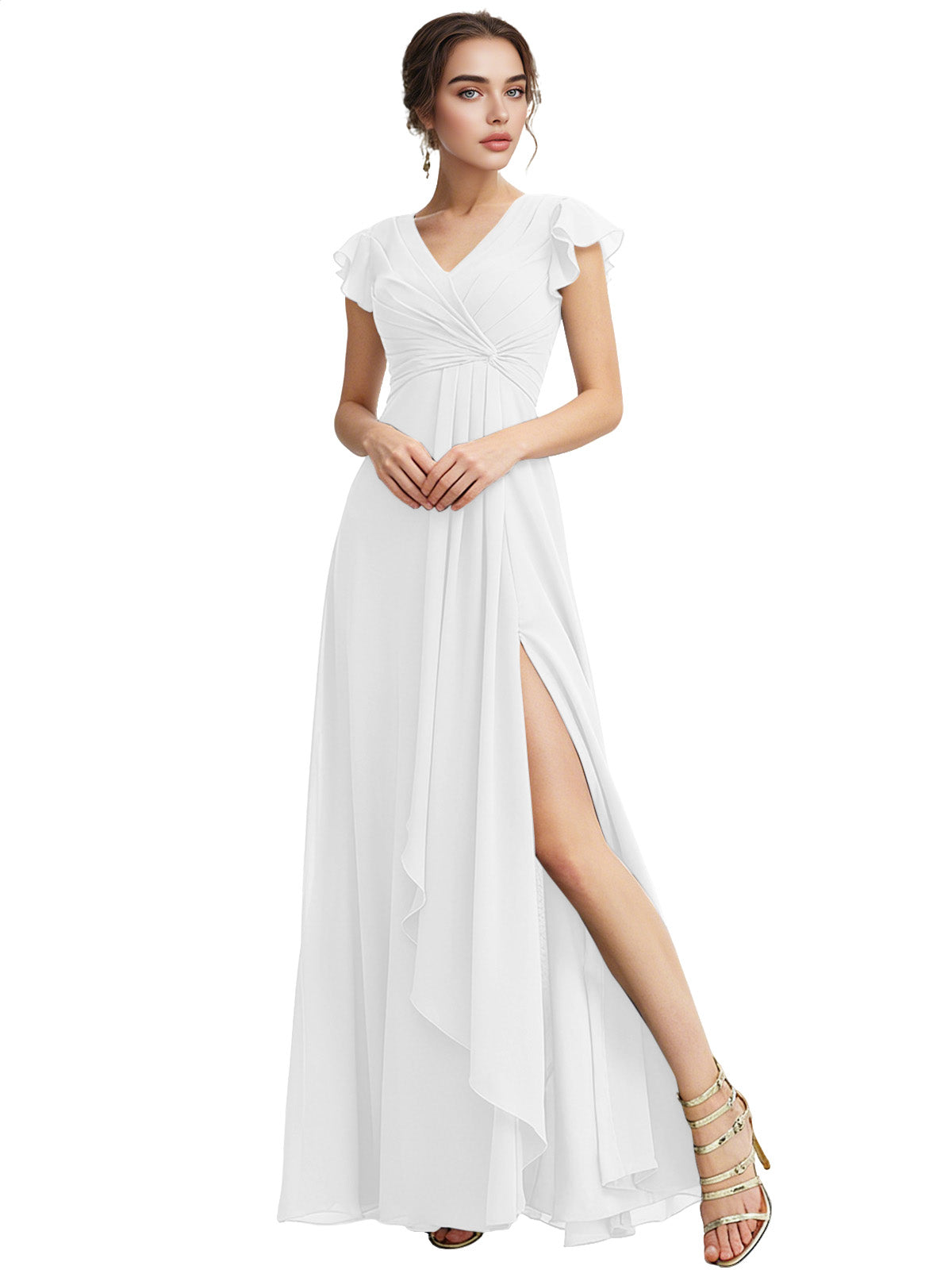 Cap Sleeve Chiffon Bridesmaid Dress with Ruffle V-Neck and Slit