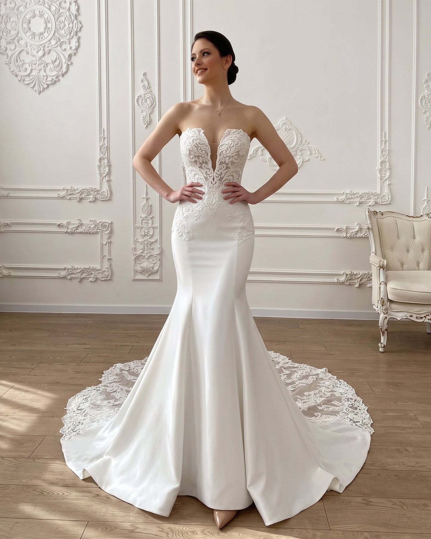 Strapless Lace Mermaid Wedding Dress with Corset Bodice and Chapel Train