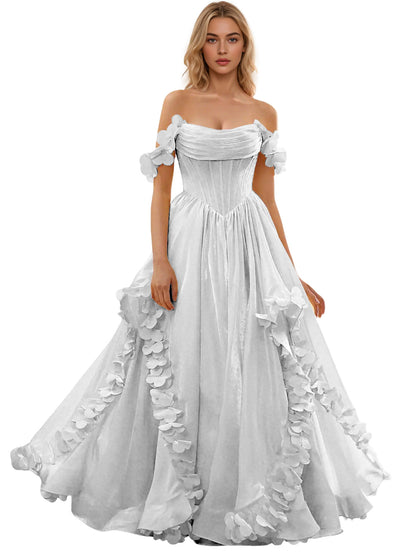 Off Shoulder Ruffle Tulle Ball Gown Prom Dress with Floral Applique