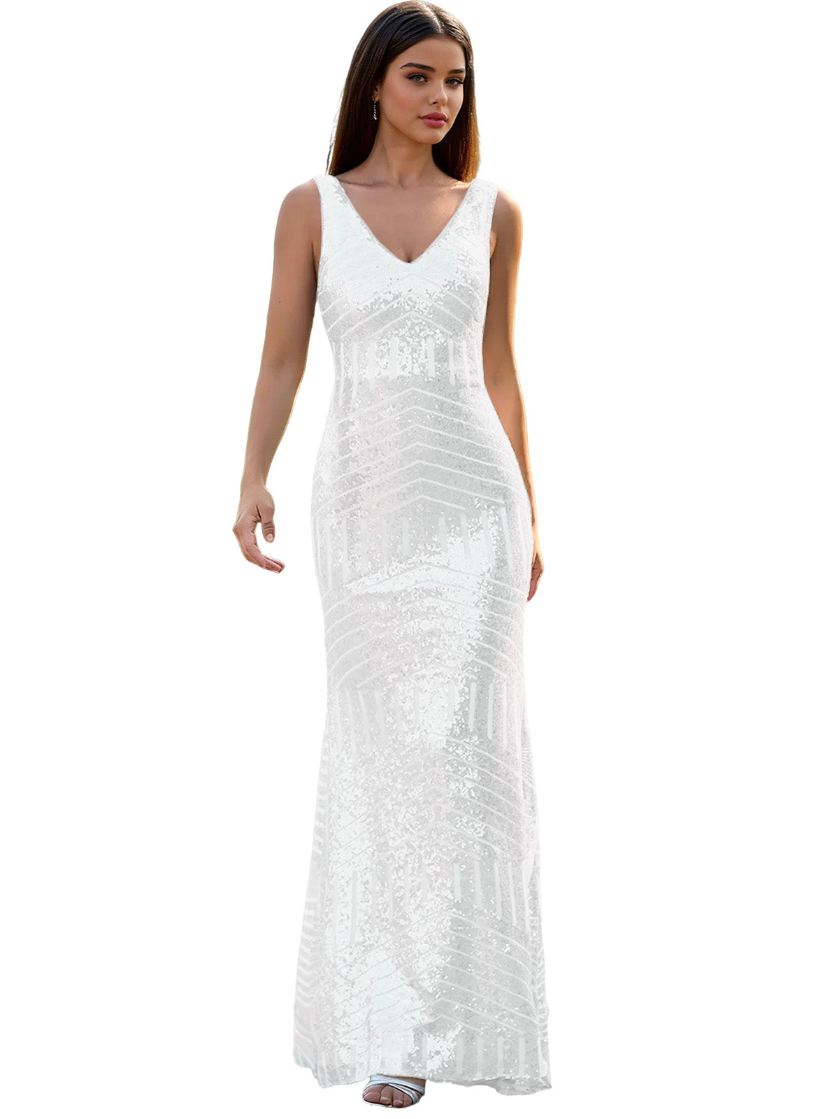 V-Neck Sequin Column Prom Dress with Beaded Waist and Low Back