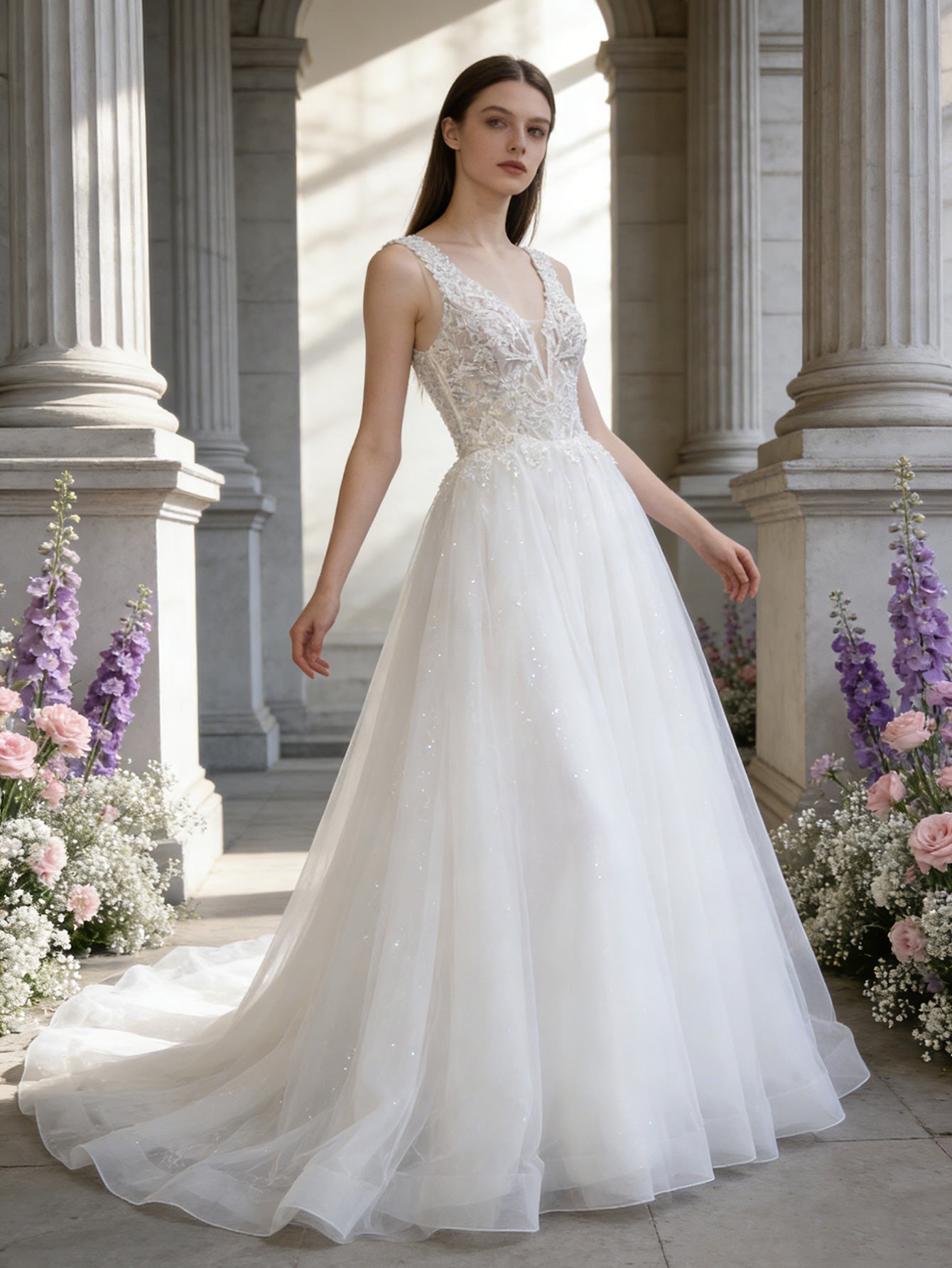 Sleeveless V-Neck Tulle Wedding Dress with Lace Bodice and Full Dress