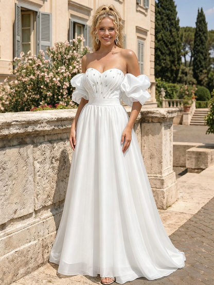 Off The Shoulder Sweetheart A-Line Prom Dress with Puff Sleeves