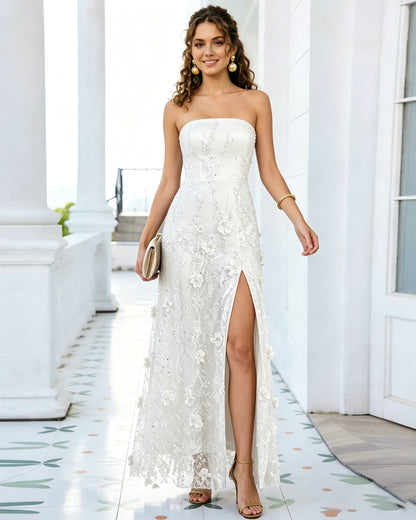 Strapless Floral Applique Lace Formal Dress with Slit