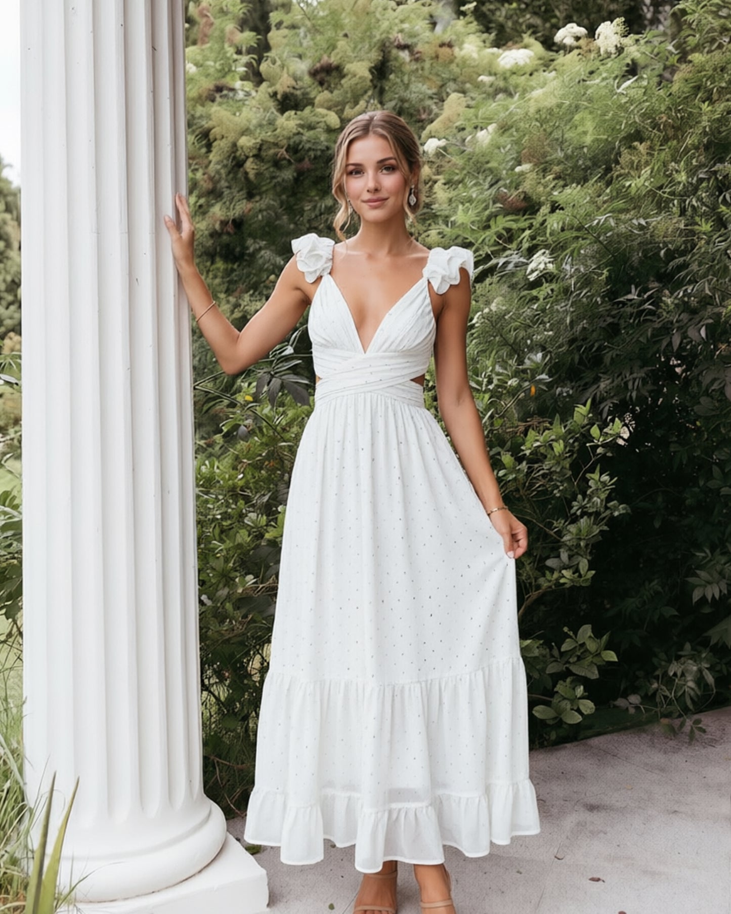 Deep V-Neck Swiss Dot Chiffon Bridesmaid Dress with Ruffle Straps