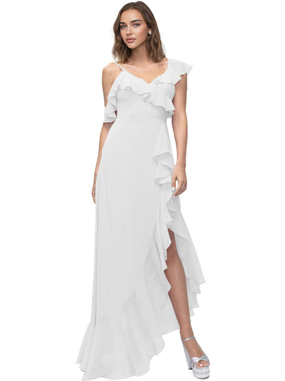 Asymmetrical Ruffle Chiffon Bridesmaid Dress with High Low Slit