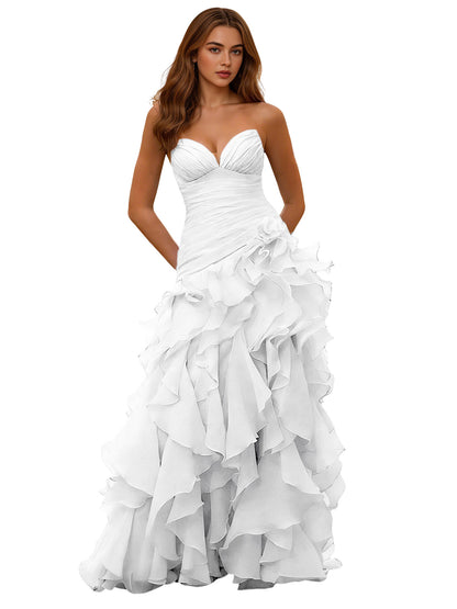Strapless Organza Ruffle Ball Gown Prom Dress with Draped Corset Bodice
