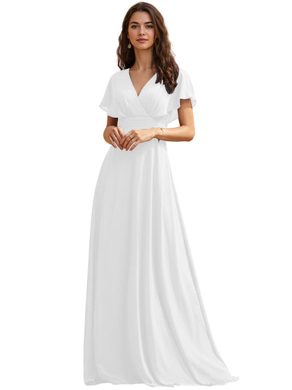 Flutter Sleeve V-Neck Chiffon Bridesmaid Dress with Flowing dress