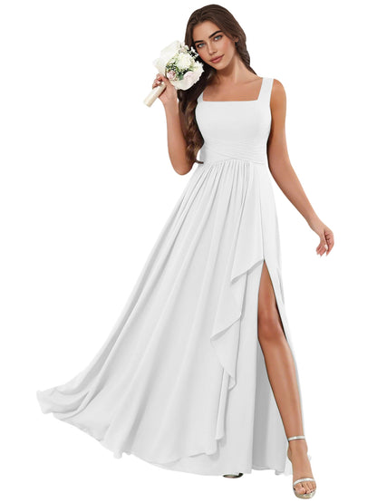 Square Neck Chiffon Bridesmaid Dress with Corset Back and Slit