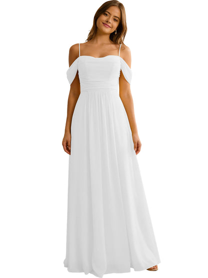 Off Shoulder Chiffon Bridesmaid Dress with Soft Pleated Bodice