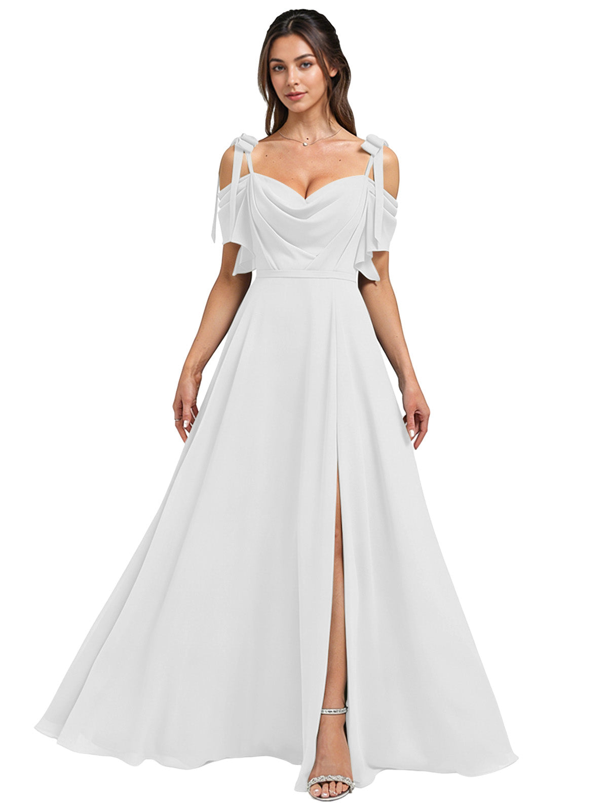 Cowl Neck Cold Shoulder Bridesmaid Dress with High Slit Chiffon Dress