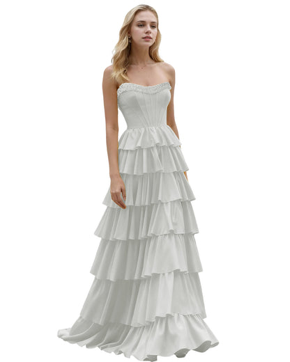 Strapless Tiered Ruffle A-Line Prom Dress with Corset Bodice