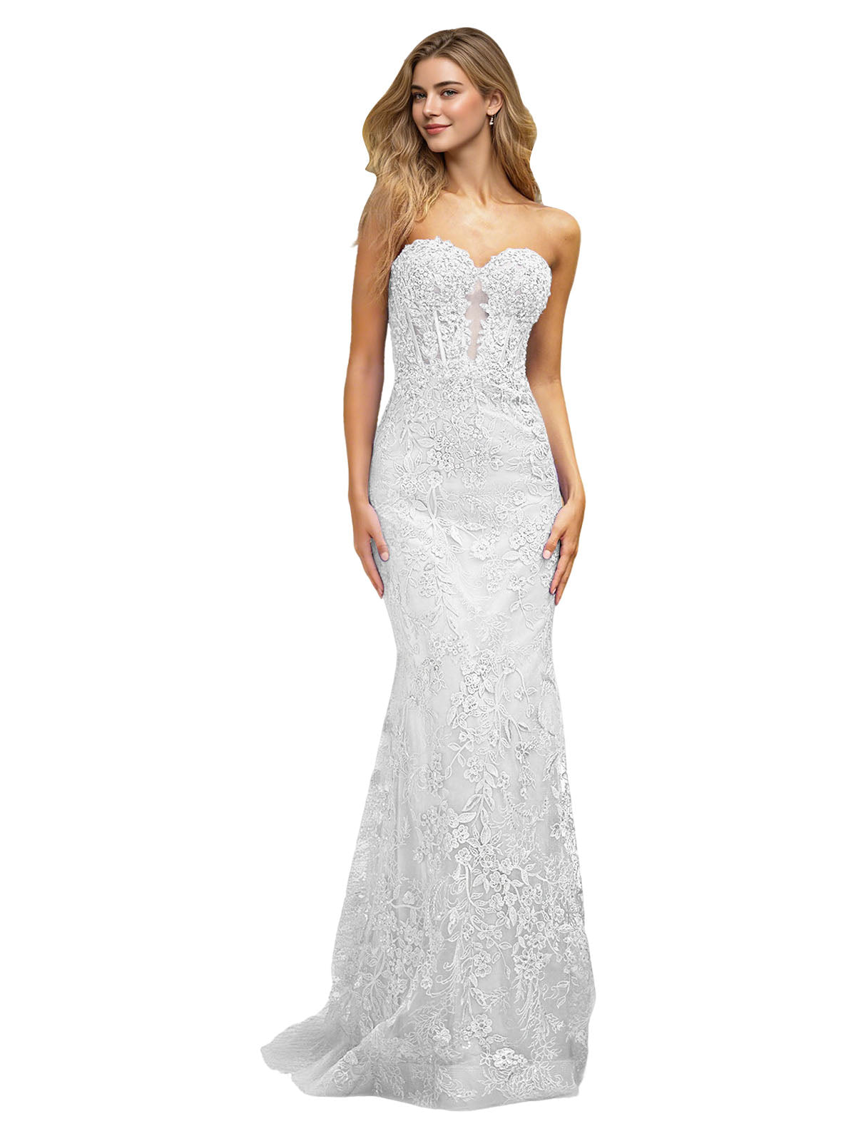Strapless Floral Lace Mermaid Prom Dress with Sparkle Applique and Train
