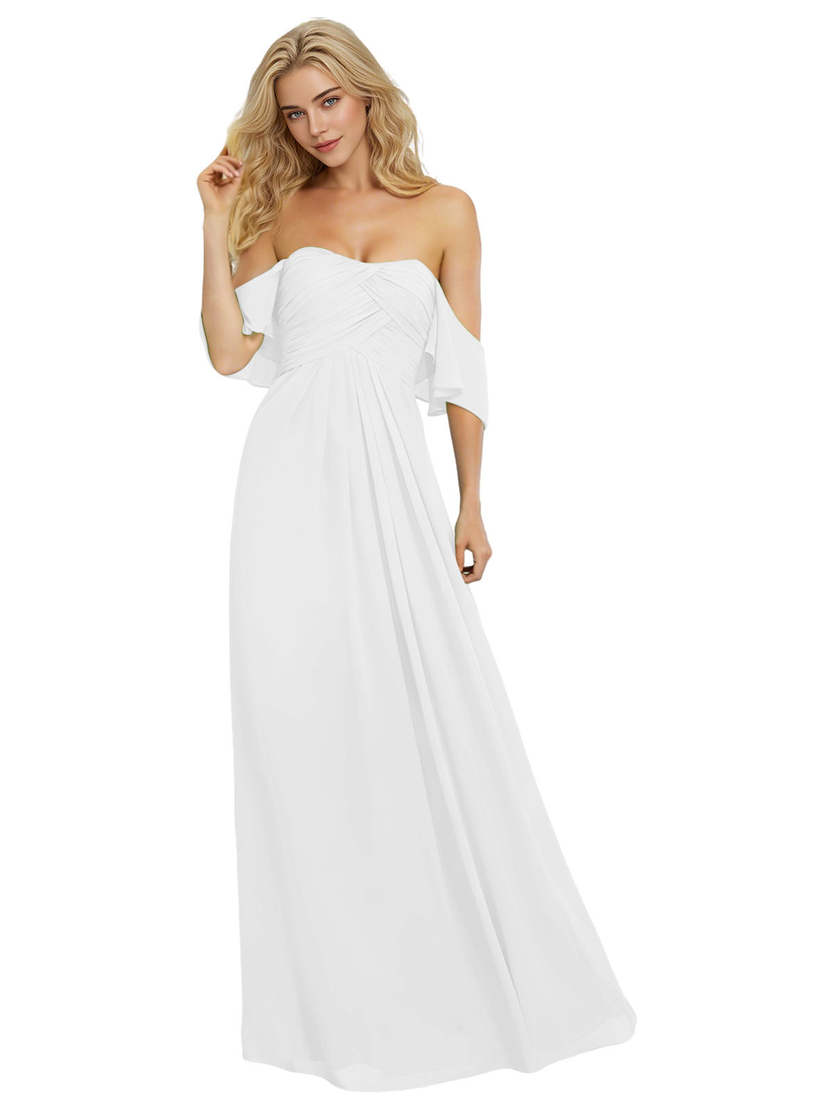 Off Shoulder Chiffon Bridesmaid Dress with Bow Sleeve Detail
