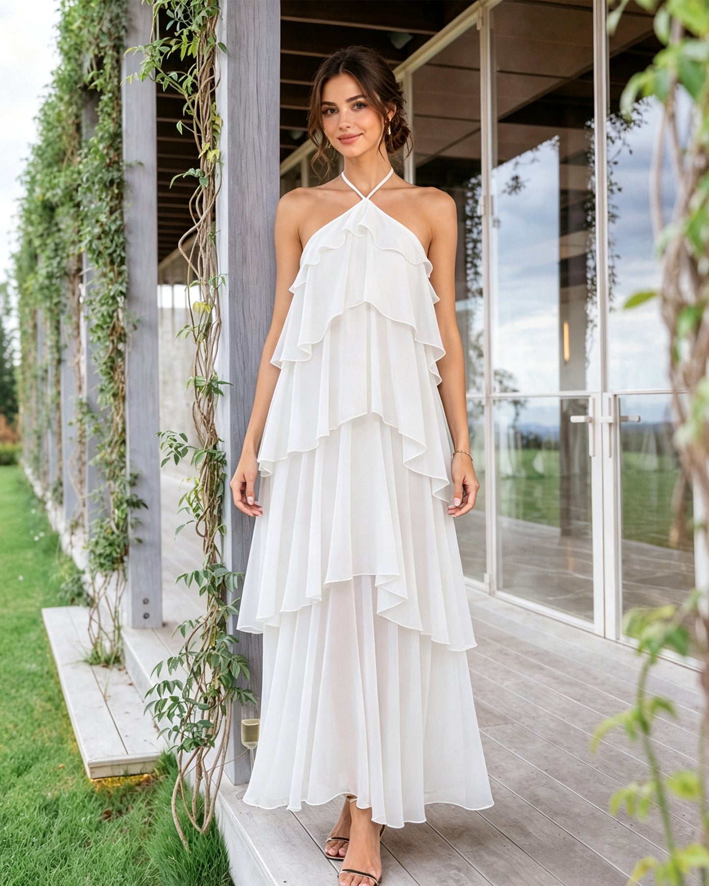 Halter Neck Tiered Chiffon Bridesmaid Dress with Ruffle Overlay