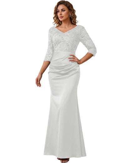 Mother of the Bride Dress Long Lace Mermaid Formal Gown with 3/4 Sleeves