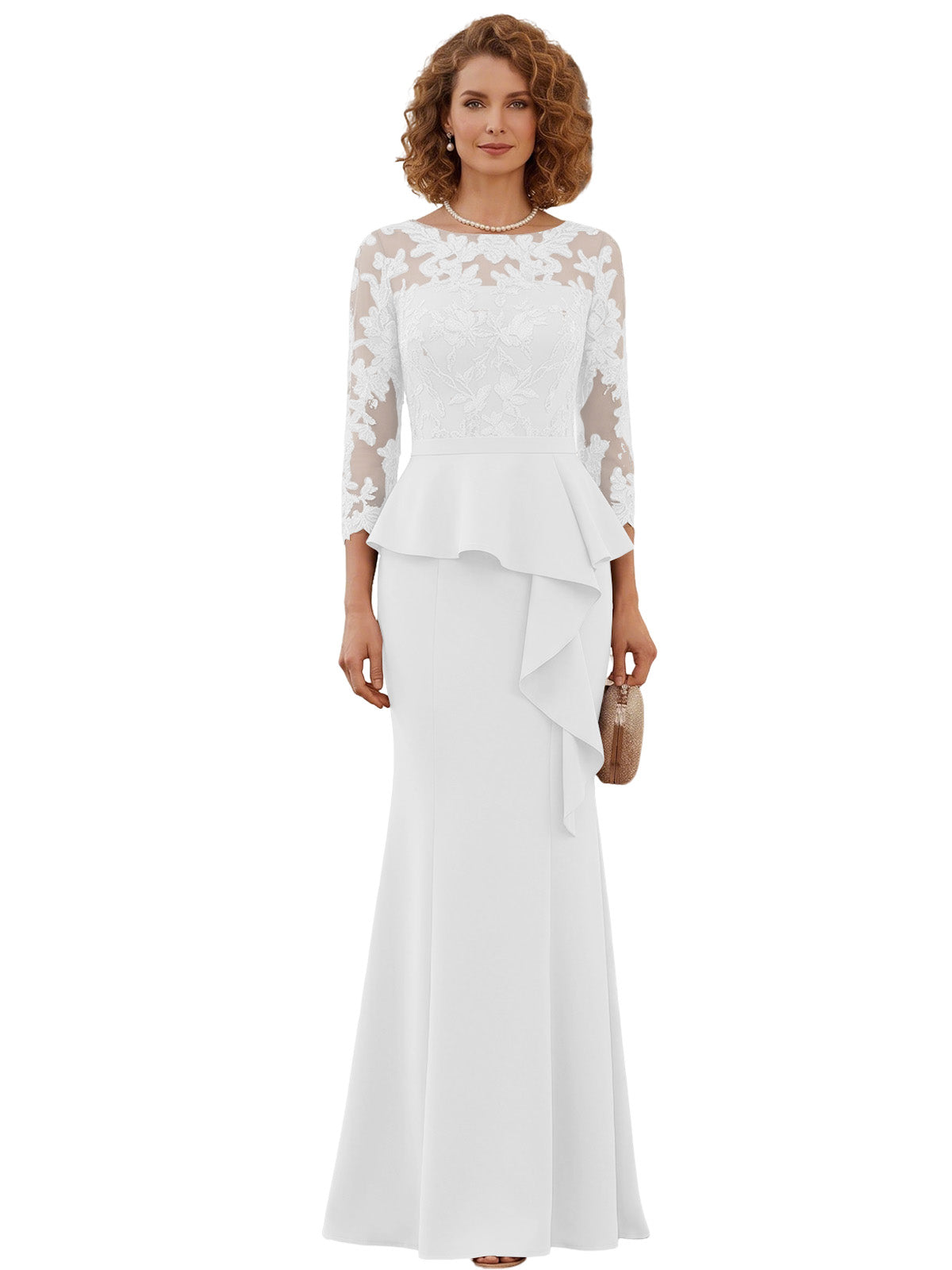 Long Mother of the Bride Dress Lace Illusion Bodice Peplum Mermaid Formal Evening Gown