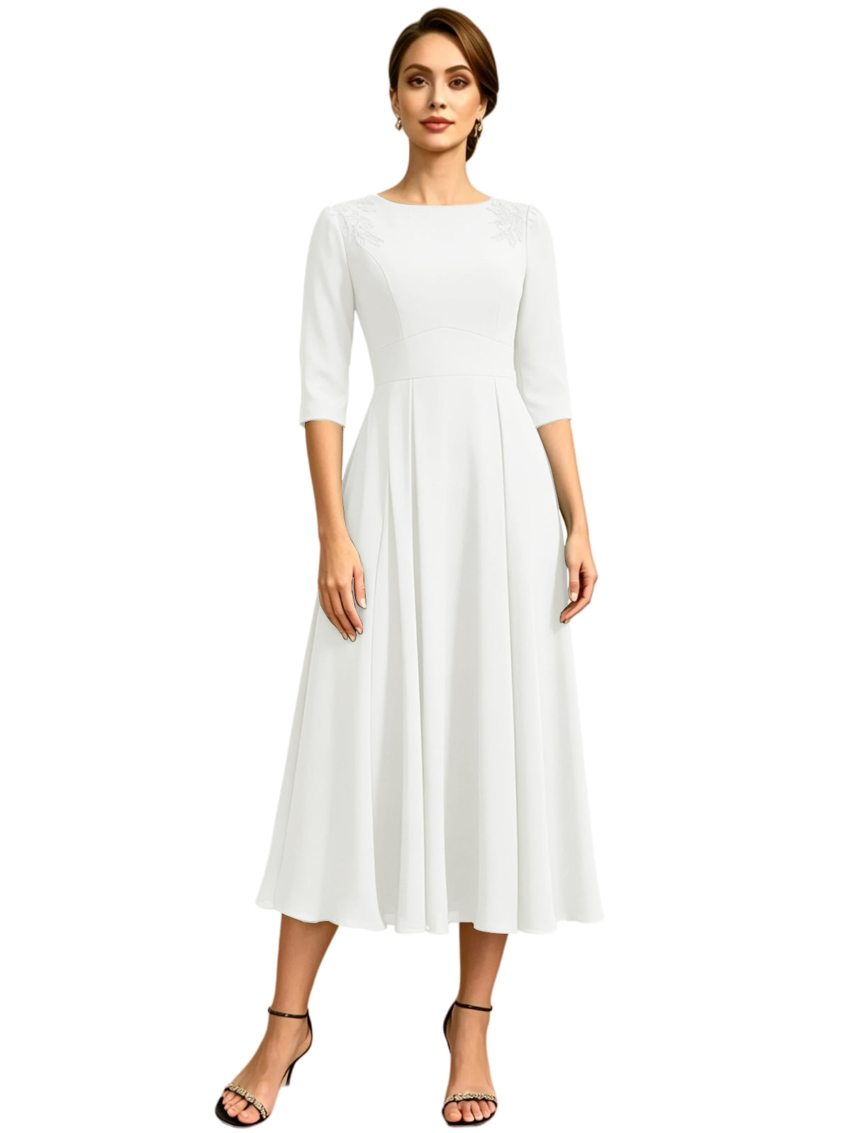 Tea Length Mother of the Bride Dress Jewel Neck Chiffon A-Line Formal Gown with Embroidery