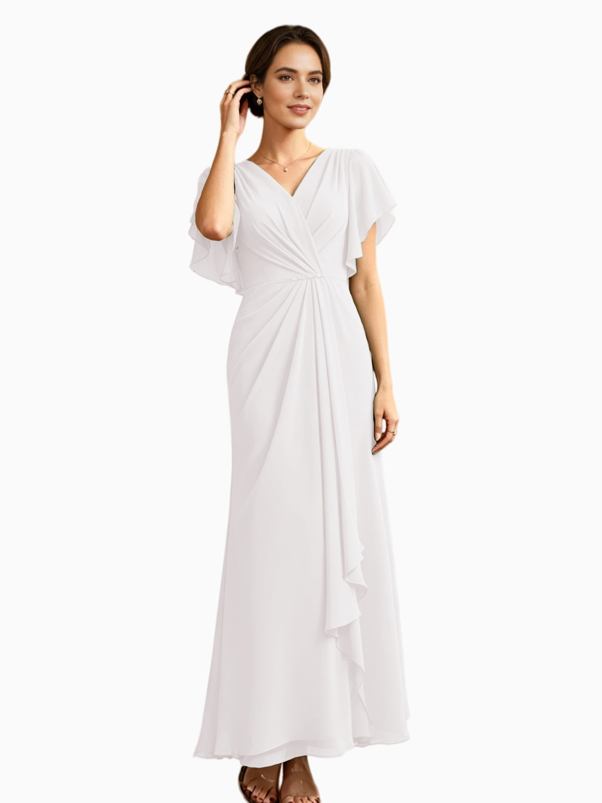 Long Chiffon Mother of the Bride Dress V-Neck Flutter Sleeve A-Line Gown with Beaded Waist