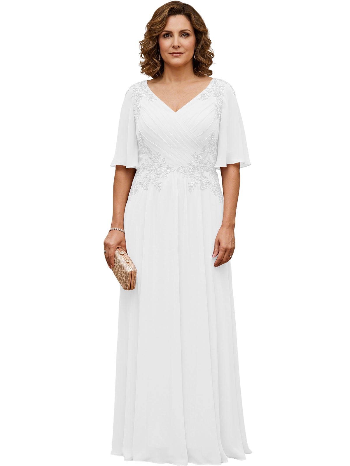 Mother of the Bride Dress Long Chiffon A-Line Gown with Flutter Sleeves and Beaded Lace