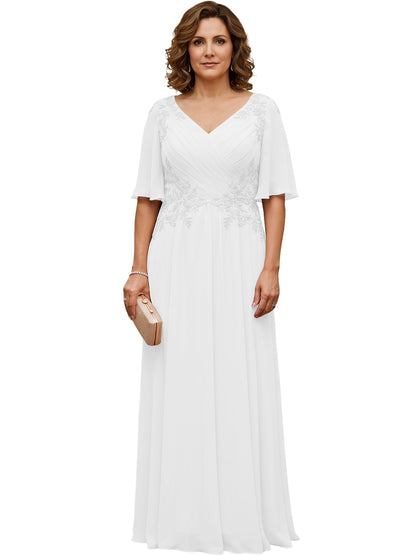 Mother of the Bride Dress Long Chiffon A-Line Gown with Flutter Sleeves and Beaded Lace